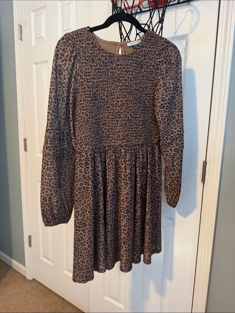 American Eagle Outfitters Brown Leopard Smocked Long-Sleeve Dress